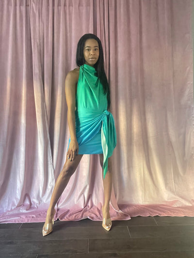 Meet Me At Sea Green and Blue Ombre Halter Neck Wrap Tie Backless Mini Dress - Aesthetik Boutique